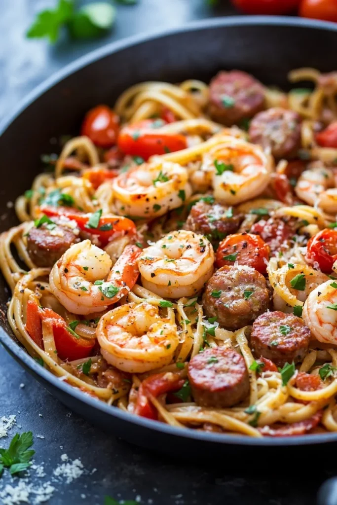 Garlic Butter Shrimp and Sausage Skillet Pasta