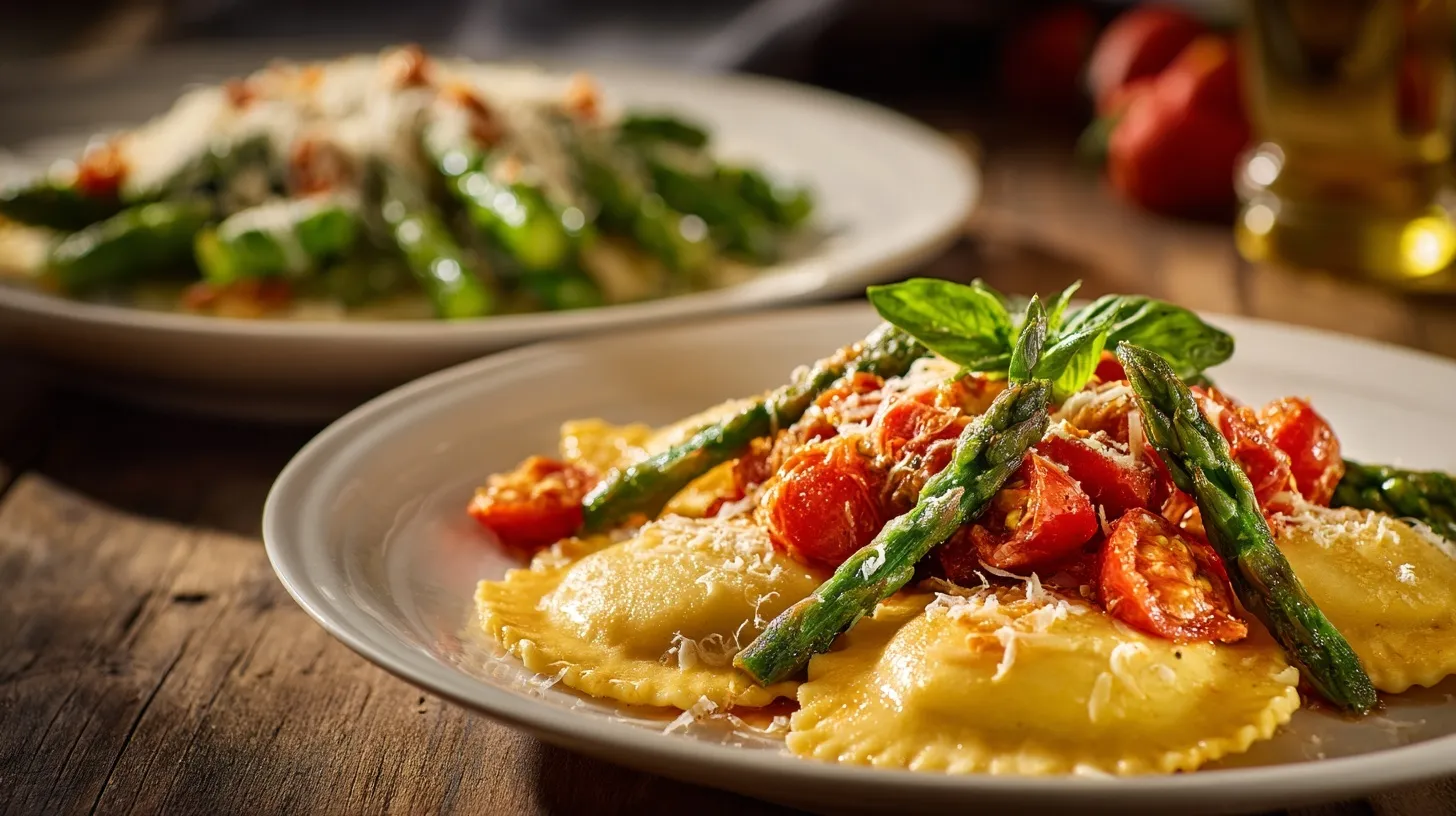 Ravioli with Tomatoes Asparagus Garlic and Herbs