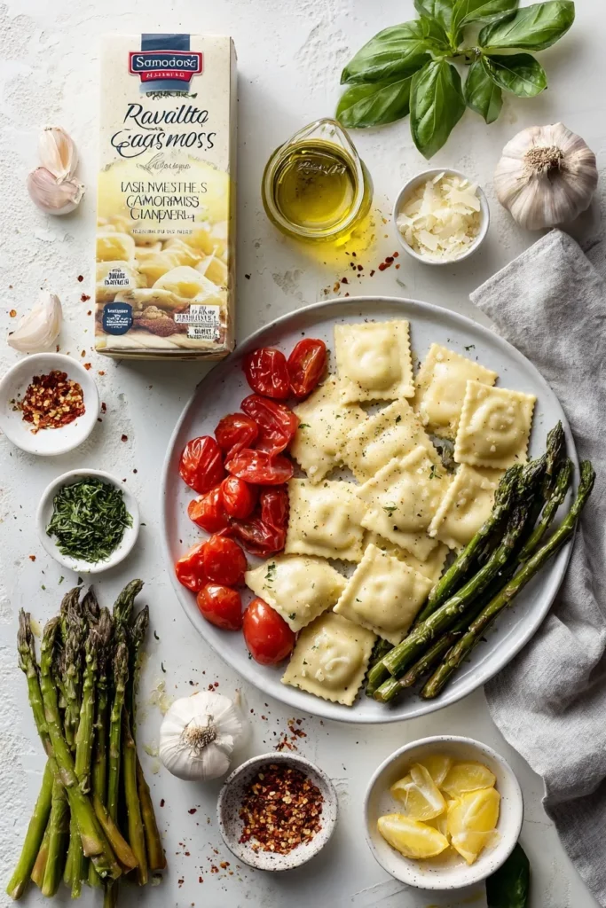 Ravioli with Tomatoes Asparagus Garlic and Herbs