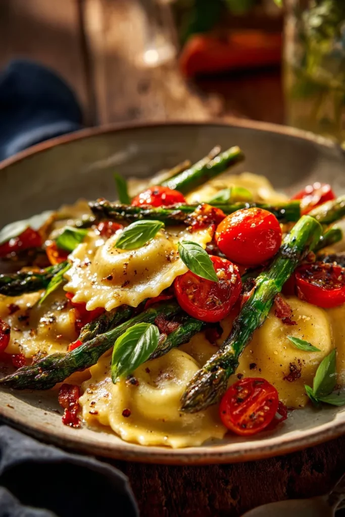 Ravioli with Tomatoes Asparagus Garlic and Herbs