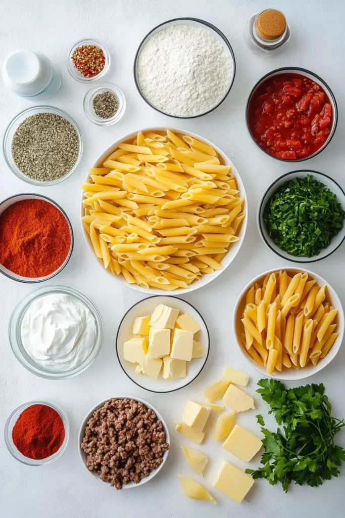 cheesy penne with garlic butter ground beef