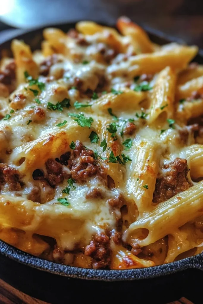 cheesy penne with garlic butter ground beef