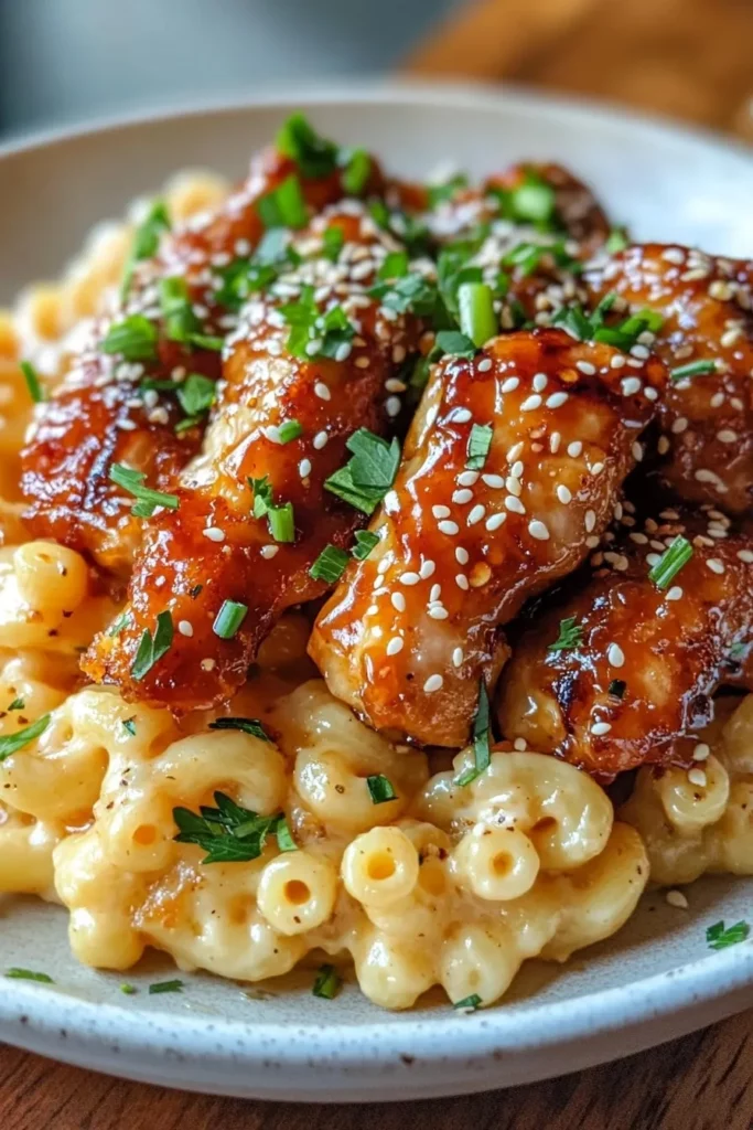 Sweet and Spicy Honey Pepper Chicken with Creamy Macaroni Cheese