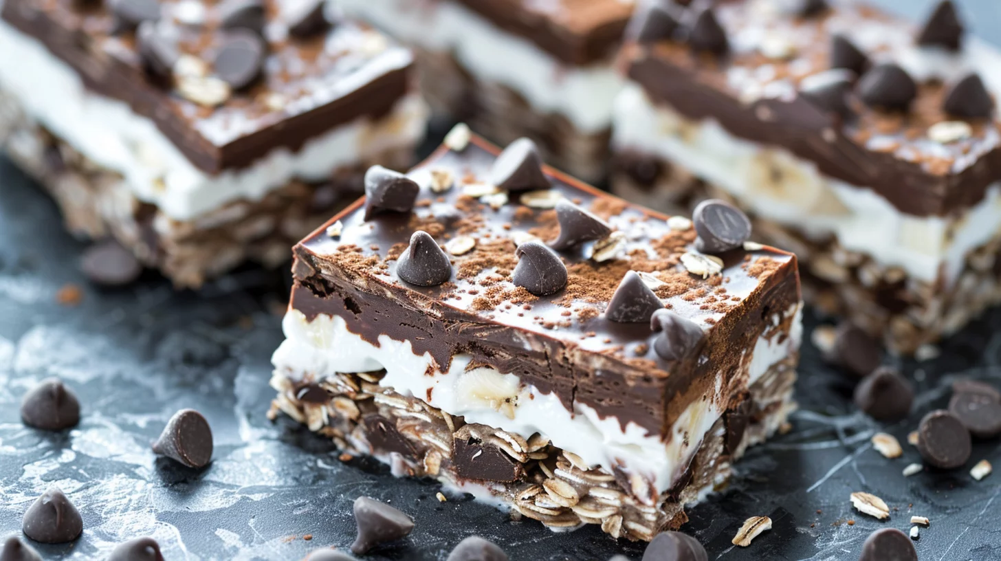 No-bake Chocolate Banana Protein Oat Bars With Greek Yogurt Layers