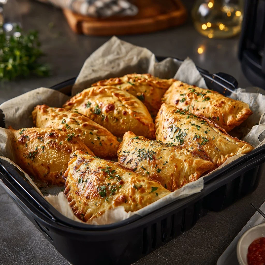 Air Fryer Calzones filled with cheese and pepperoni on a plate