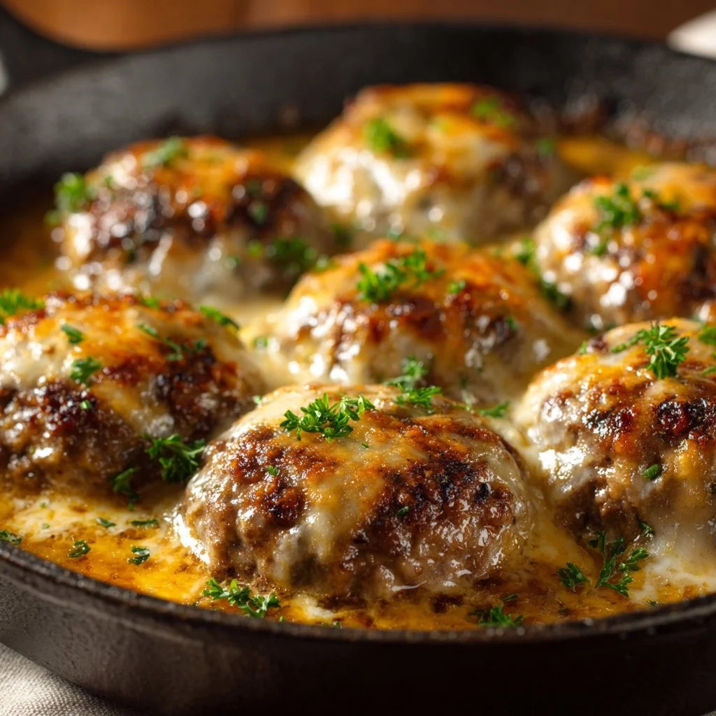 Amish Hamburger Steak Bake served with vegetables and gravy