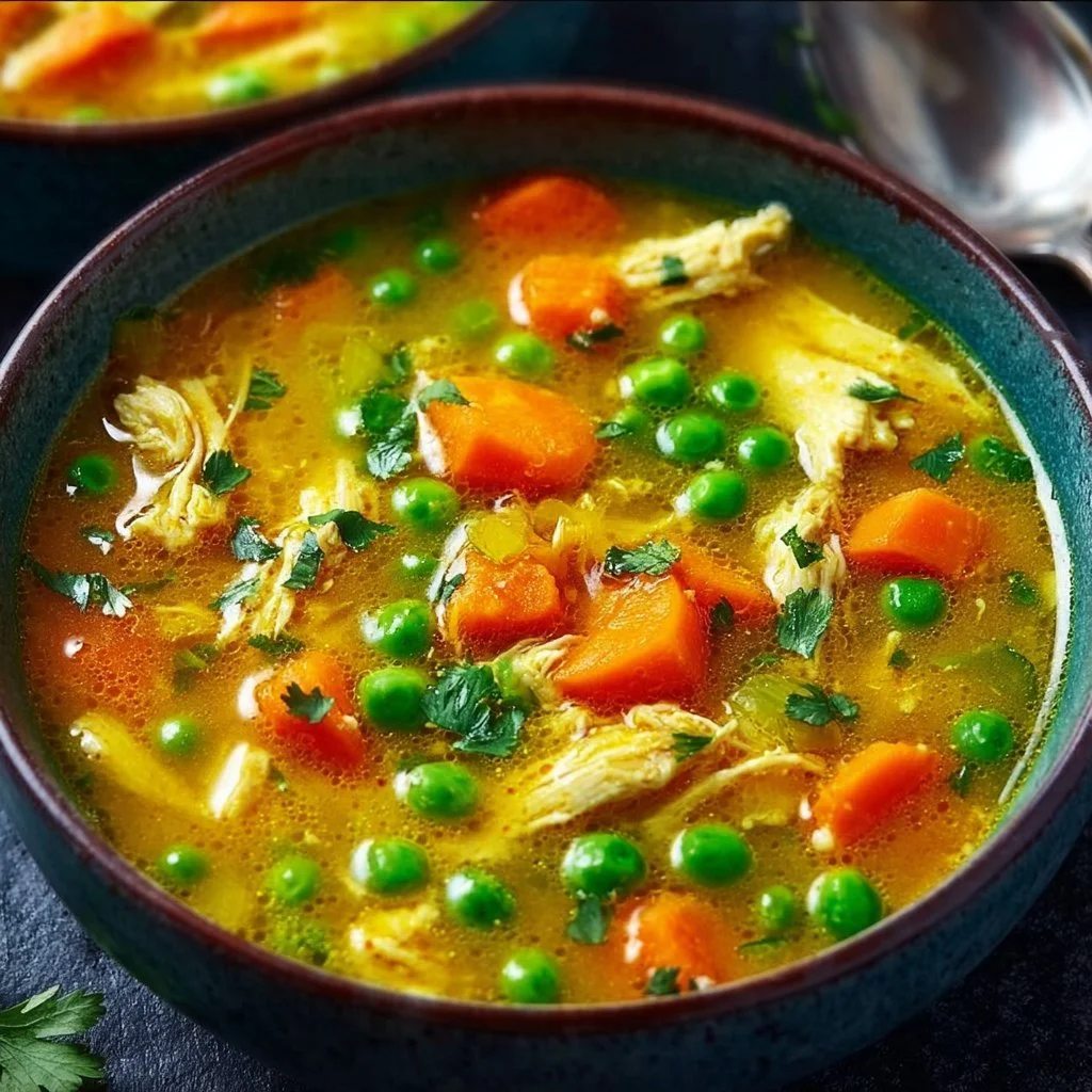 Bowl of anti-inflammatory turmeric chicken soup with herbs and spices