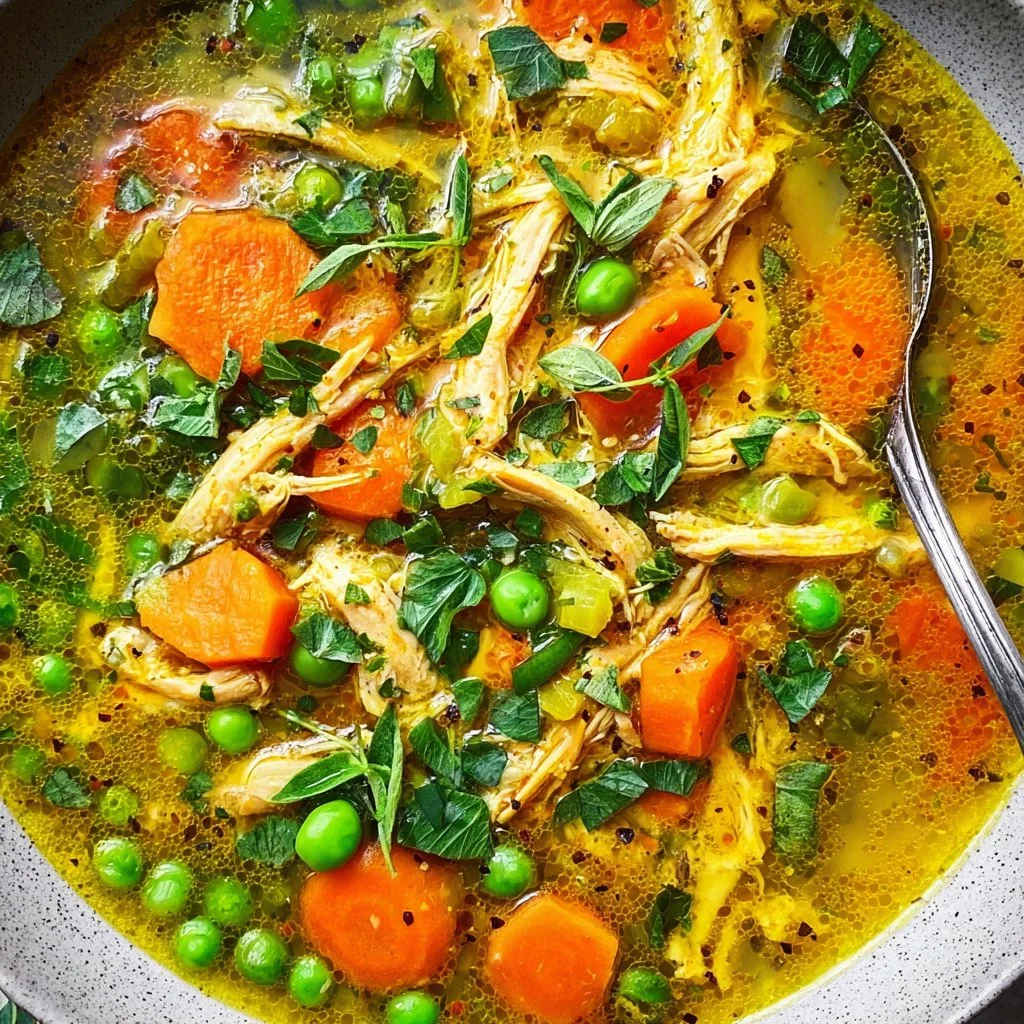 Bowl of anti-inflammatory turmeric chicken soup with fresh herbs