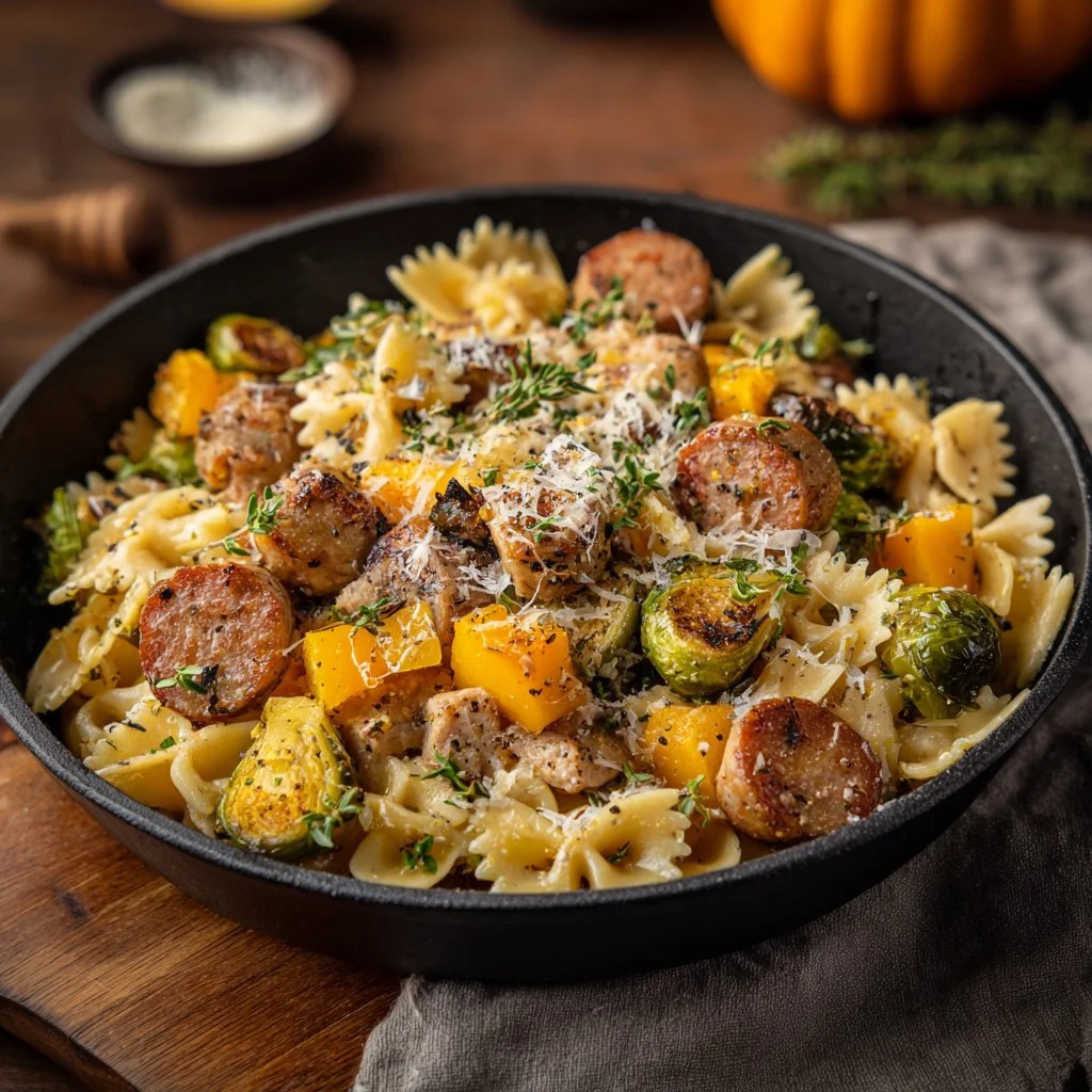 Delicious autumn sausage pasta squash dish garnished with herbs