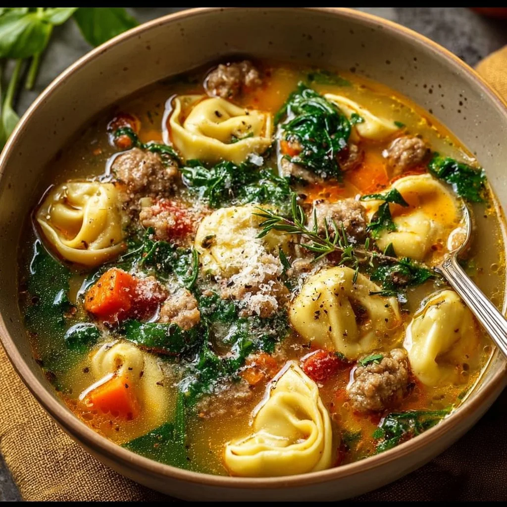 Bowl of Autumn Tortellini Soup with Sausage garnished with herbs