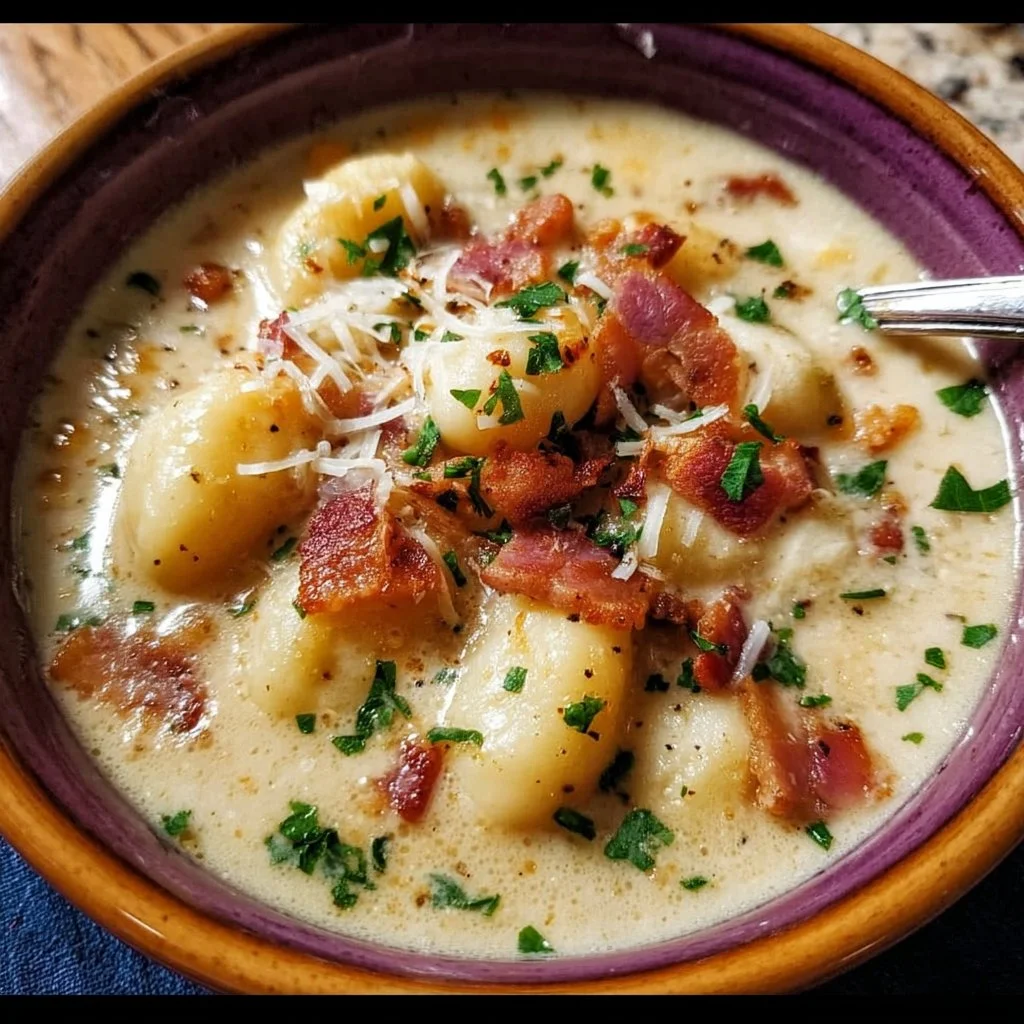 Bacon Cheddar Gnocchi Soup garnished with herbs and crispy bacon strips.