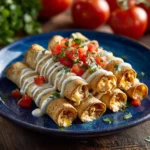Baked cream cheese chicken taquitos served on a plate with dipping sauce