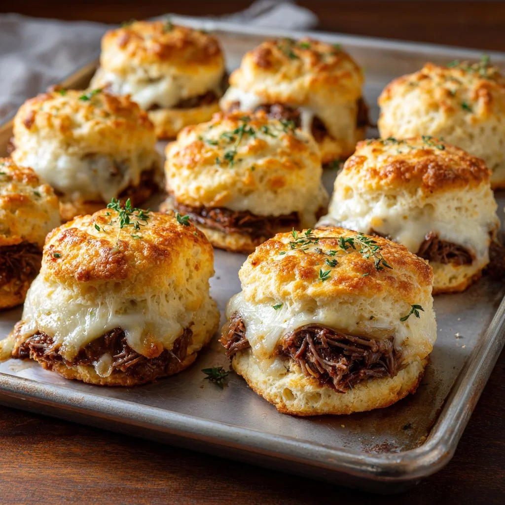 Delicious baked French dip biscuits served with au jus for dipping
