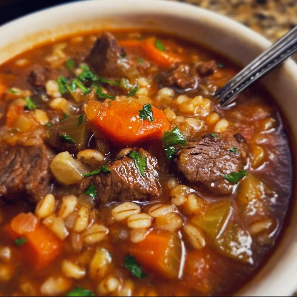Bowl of homemade beef barley soup with vegetables and herbs