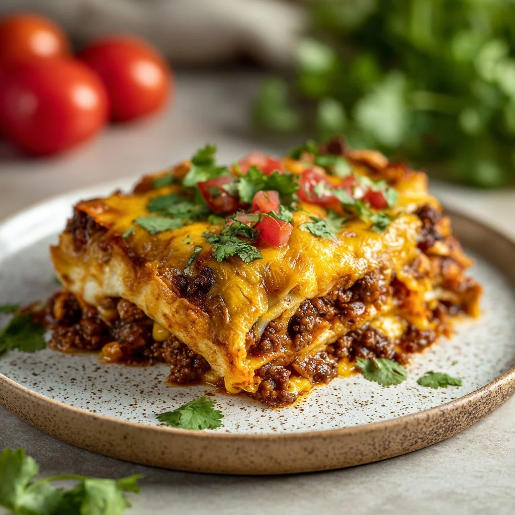 Delicious Beef Enchilada Casserole topped with melted cheese and fresh ingredients.