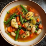 Bowl of delicious vegan dumpling stew with fresh vegetables and herbs