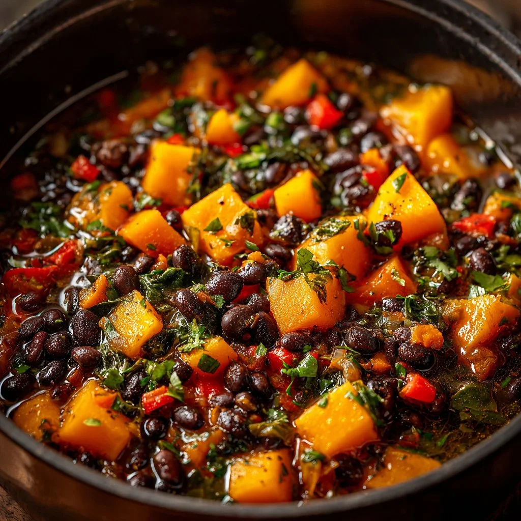Delicious black bean stew with butternut squash and collard greens in a bowl