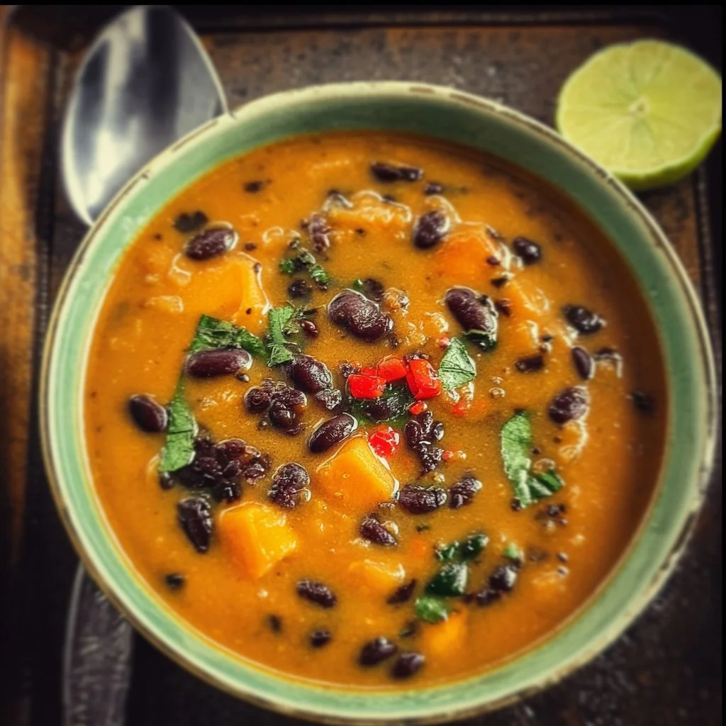 Bowl of black bean sweet potato soup garnished with fresh herbs