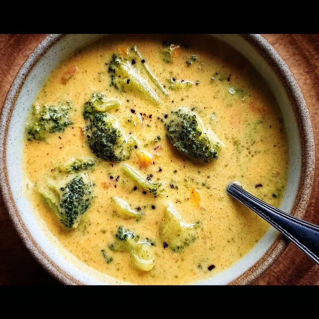 Bowl of creamy Broccoli Cheddar Soup garnished with fresh broccoli