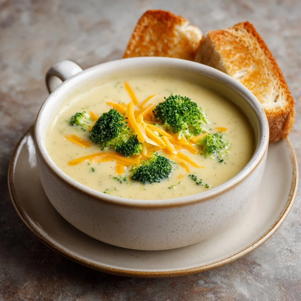 Bowl of delicious broccoli cheddar soup with fresh broccoli and cheese