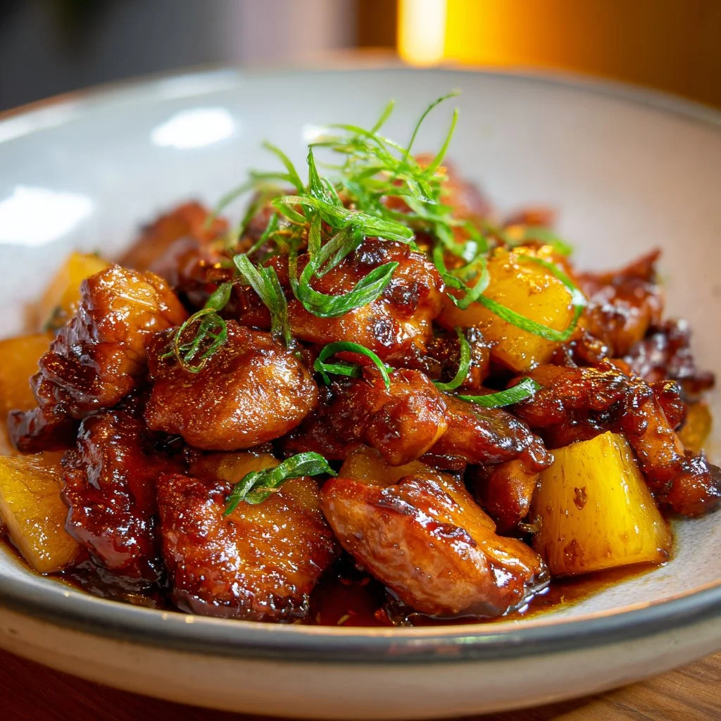 Delicious brown sugar pineapple chicken served with vegetables on a plate.