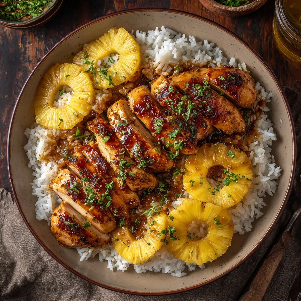 Delicious Brown Sugar Pineapple Chicken served on a plate with tropical garnish.