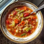 A bowl of Busy Day Soup with vegetables and herbs, perfect for a quick meal.
