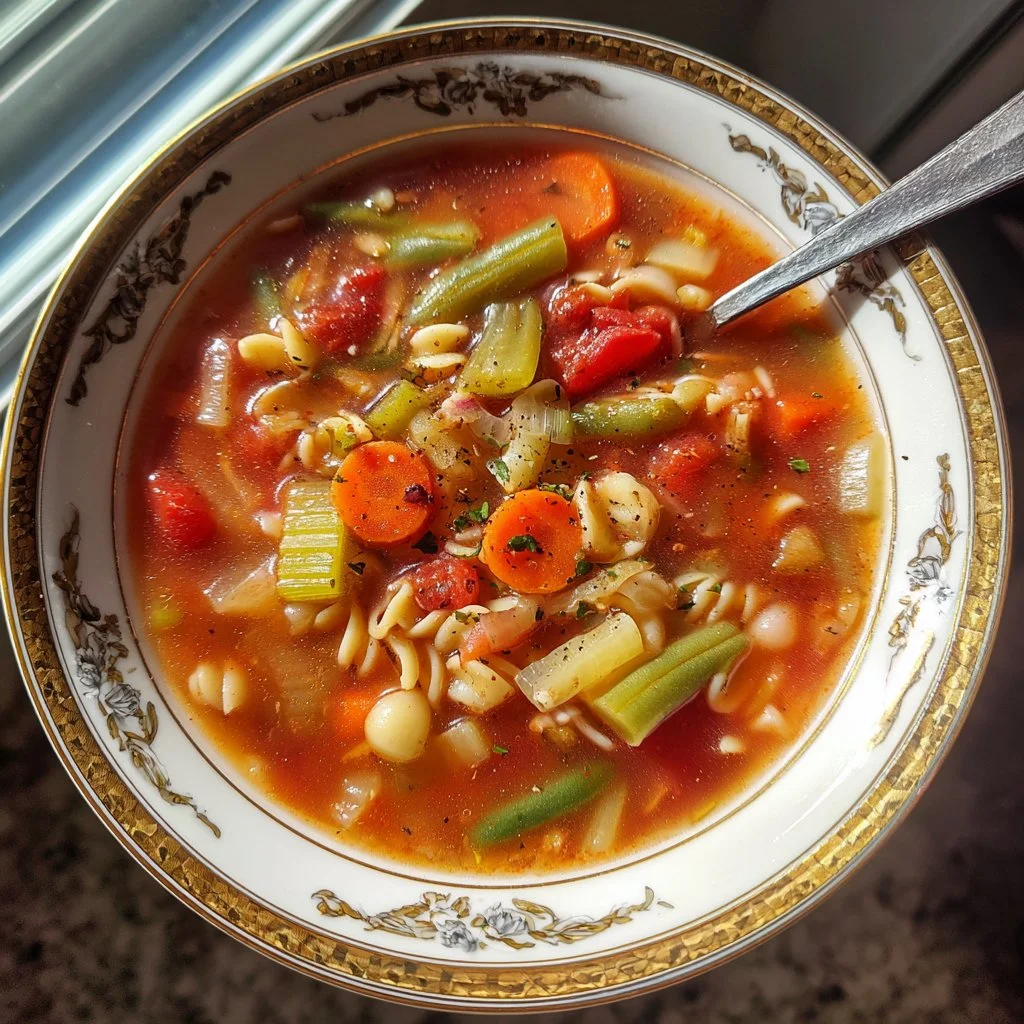 A bowl of Busy Day Soup with vegetables and herbs, perfect for a quick meal.