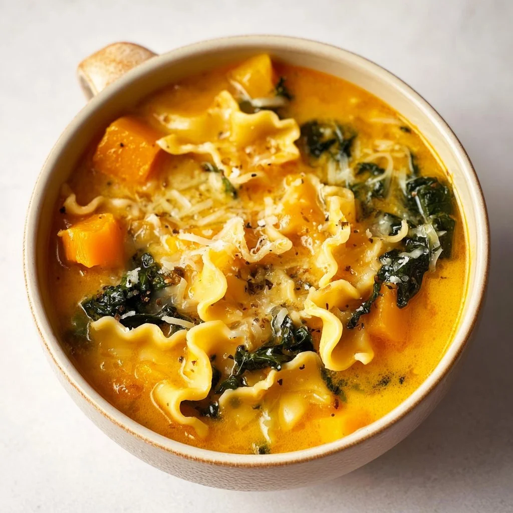 Delicious butternut squash lasagna soup with kale and mozzarella