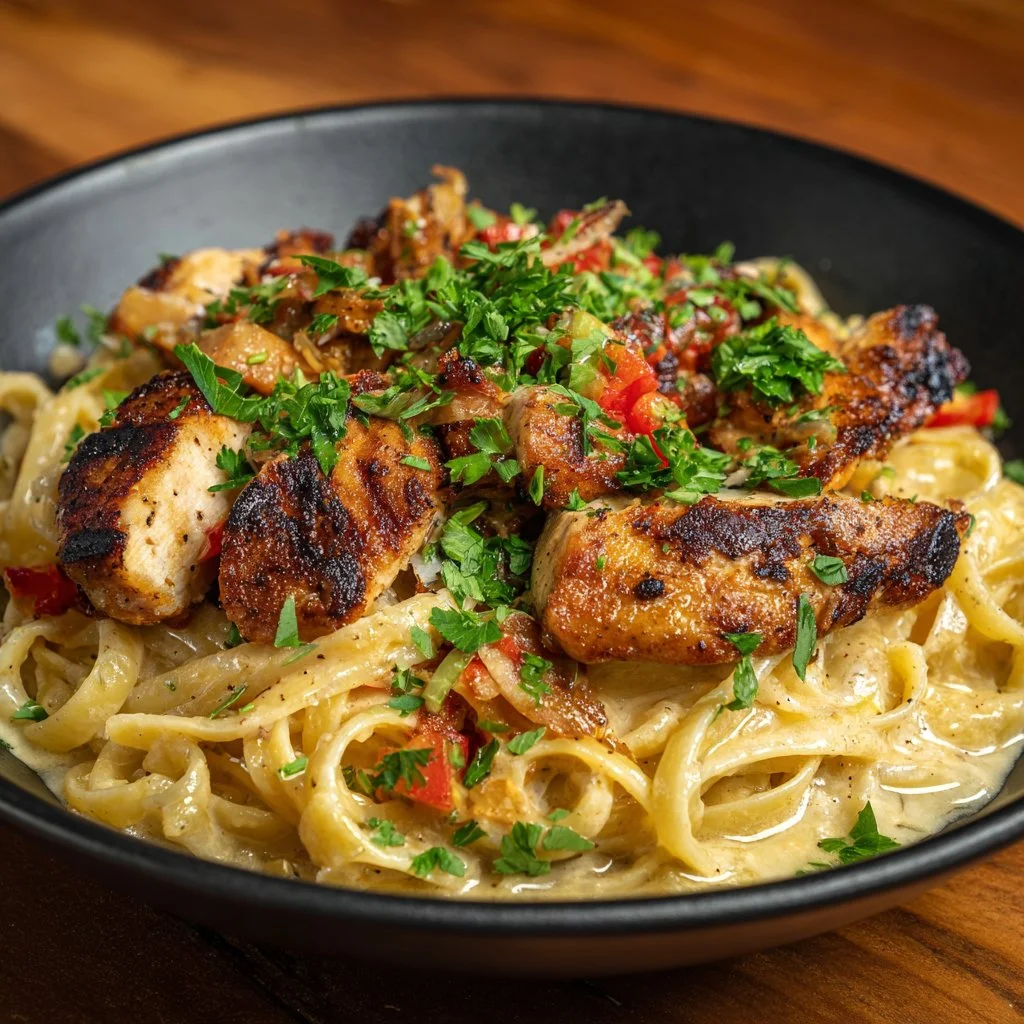 Delicious plate of Cajun Chicken Pasta with vibrant vegetables and creamy sauce