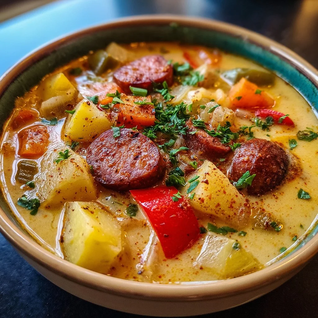 Bowl of delicious Cajun Potato Soup topped with green onions and spices.