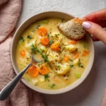 Bowl of creamy cauliflower soup garnished with herbs and served hot
