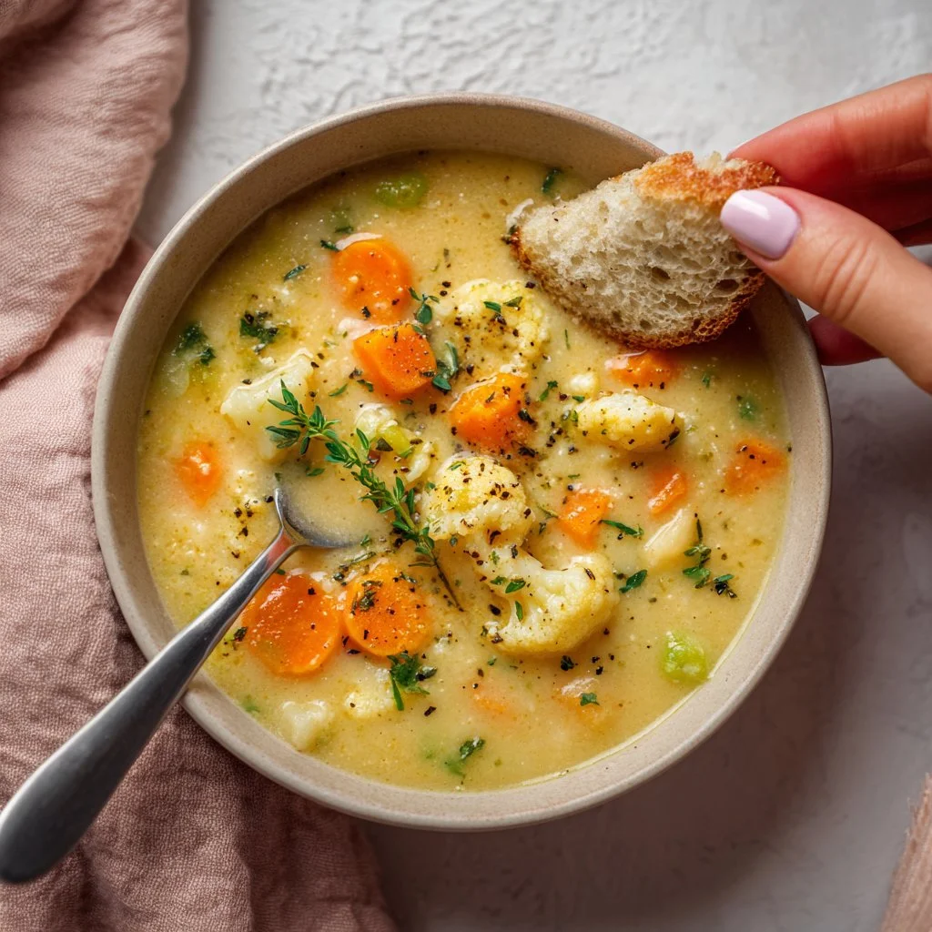 Bowl of creamy cauliflower soup garnished with herbs and served hot