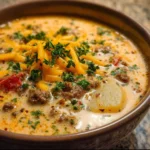 Delicious bowl of homemade Cheeseburger Soup with toppings
