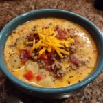 Delicious bowl of cheeseburger soup topped with cheese and herbs.
