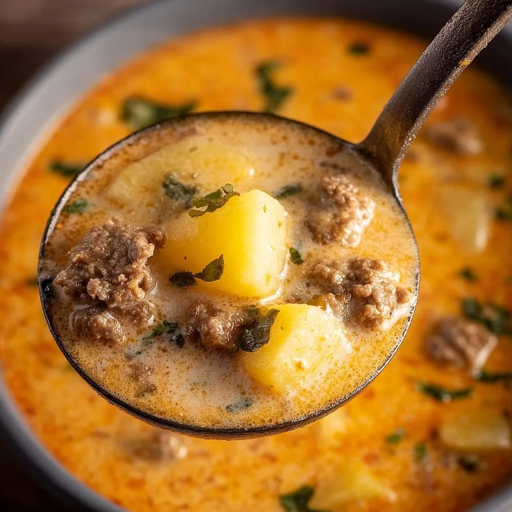 Bowl of cheesy beef and potato soup with a sprinkle of cheese and herbs