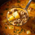 Bowl of cheesy beef and potato soup garnished with herbs.