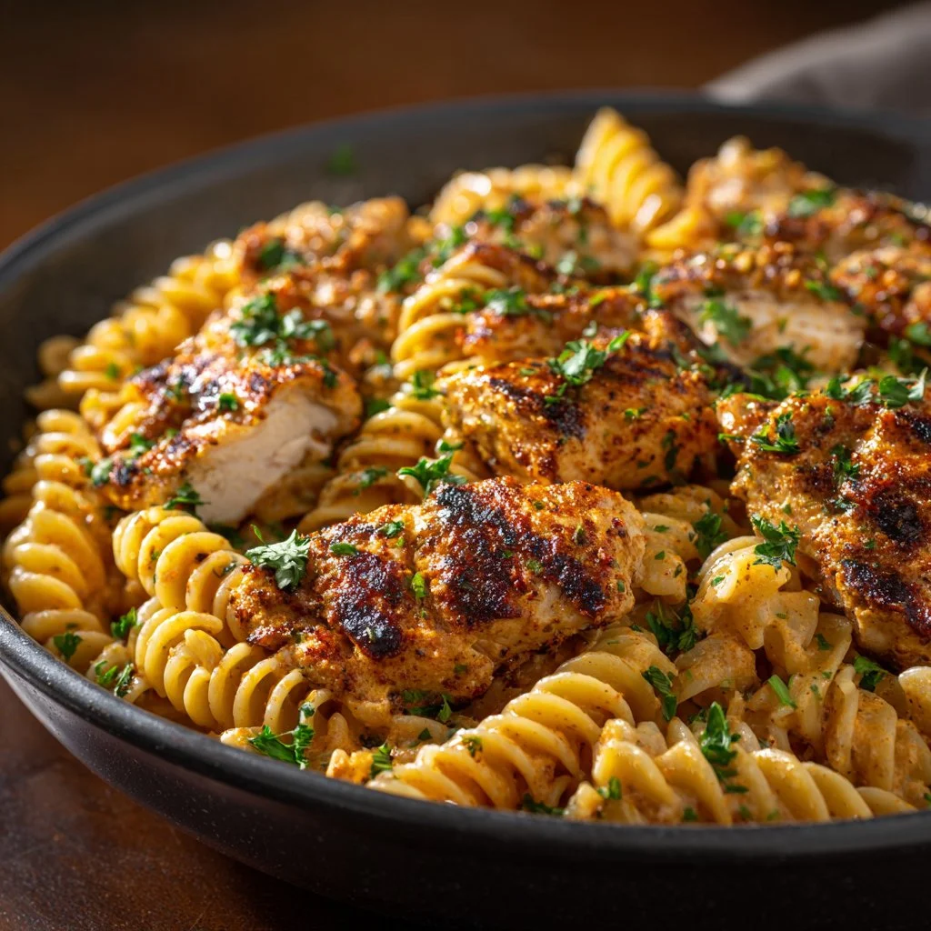 Cheesy Cajun Garlic Chicken Rotini Skillet served in a skillet