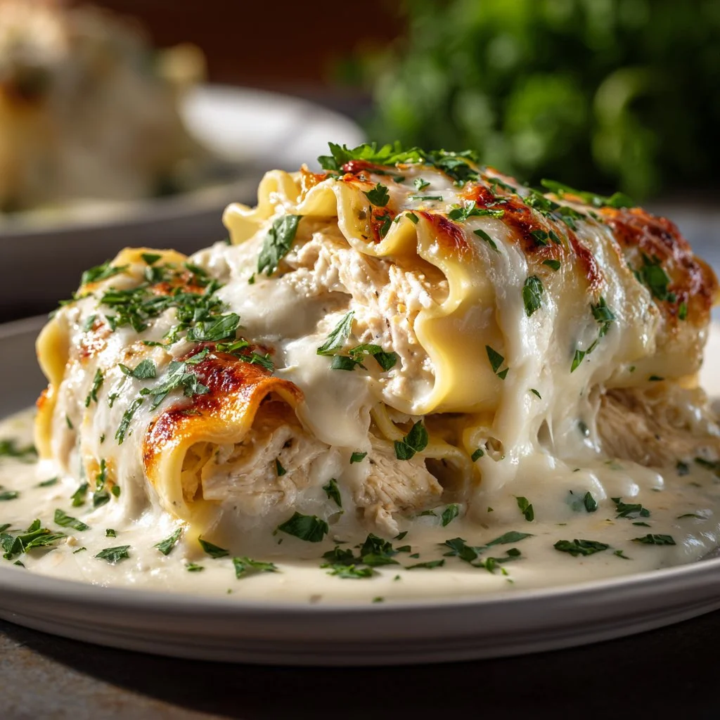 Cheesy Chicken Alfredo Lasagna Rolls with creamy sauce and melted cheese