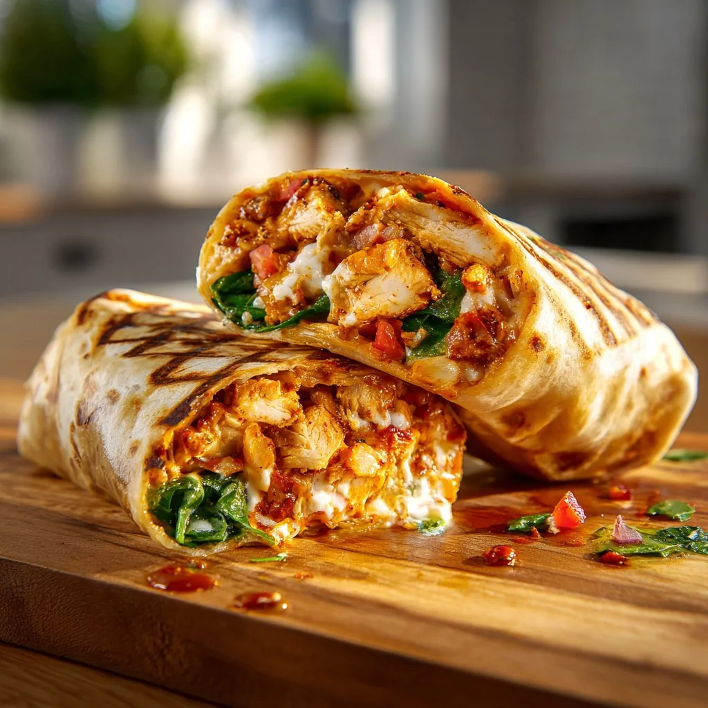 Delicious cheesy garlic chicken wraps served on a plate with fresh ingredients.