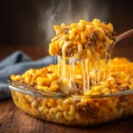 Cheesy hamburger casserole with ground beef and creamy cheese topping