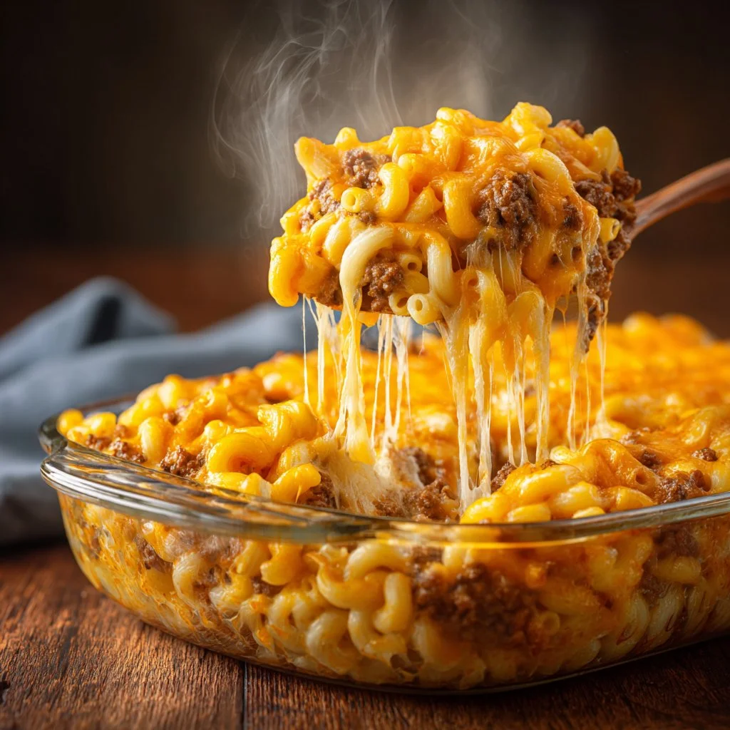 Cheesy hamburger casserole with ground beef and creamy cheese topping