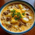 Cheesy hamburger potato soup served in a bowl with toppings