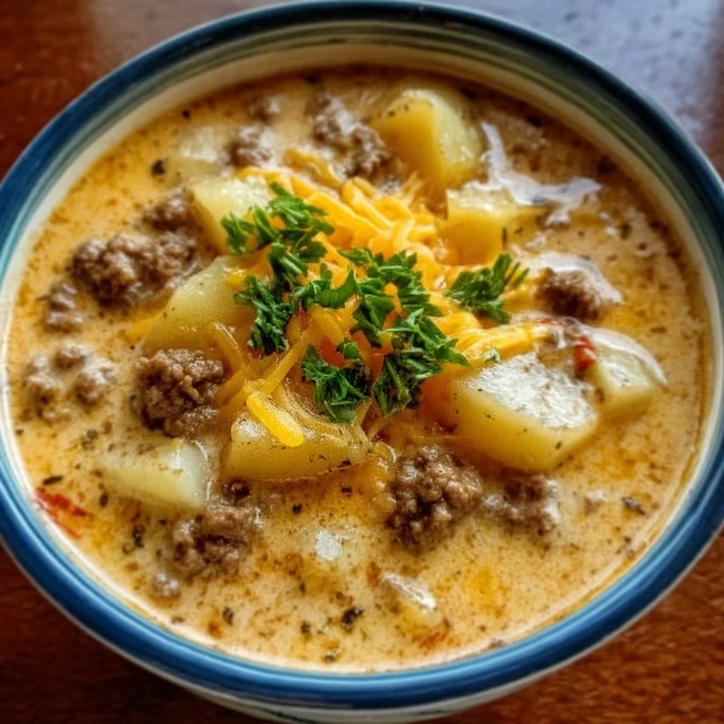 Cheesy hamburger potato soup served in a bowl with toppings