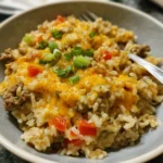 Cheesy hamburger rice casserole in a baking dish with melted cheese on top