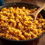 Cheesy taco pasta served in a bowl with cheese and toppings.