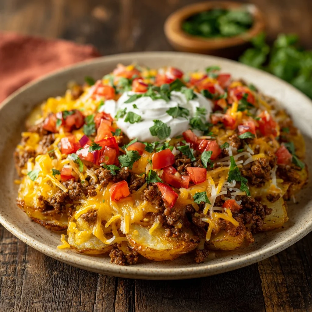 Cheesy Taco Potatoes topped with melted cheese and taco seasoning
