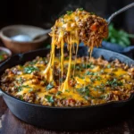 Delicious cheesy taco rice served in a bowl with toppings.