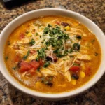 Delicious bowl of Chicken Enchilada Soup topped with cheese and cilantro