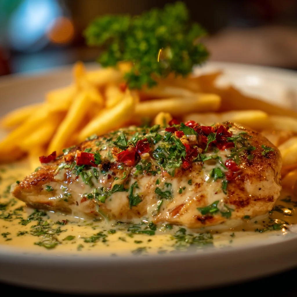 Chicken fillet in spicy, creamy garlic-Parmesan sauce garnished with herbs